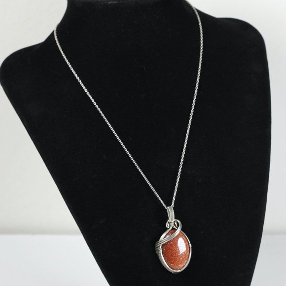 Sterling Silver 925 Goldstone Wire Wrap Pendant Necklace